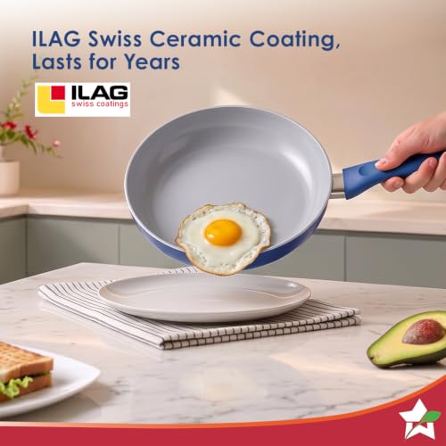 Image of Wonderchef Natura Ceramic Fry Pan for Cooking, 24cm, 1.8L, Non-Toxic Chemical-Free Coating, PFOA /PFAS-Free, for Kitchen, Scratch-Resistant, Gas & Induction Compatible, 2-Yr Warranty, Teal Blue