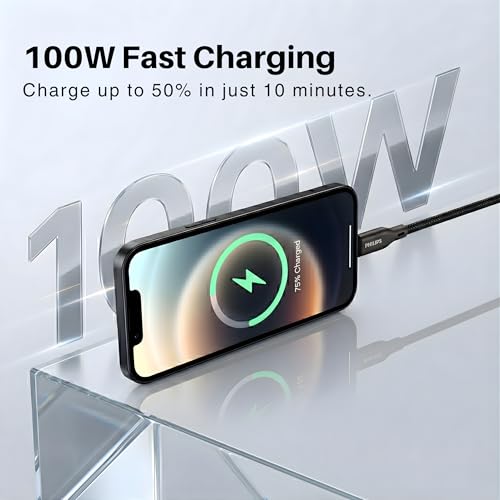 Image of PHILIPS DL7130CB /94 100W Magnetic Type-C to Type-C Fast Charging Cable (1m, Dark Slate) | Nylon Braided | Compatible with iPhone 15+ Series, USB-C iPad Models, Samsung Galaxy & All Type C Devices