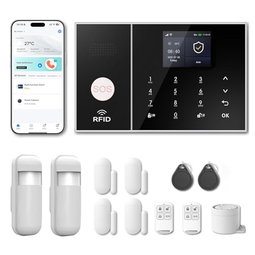 Alarmanlage Haus & Wohnung mit WiFi + 4G GSM, Smart Life App, Telefon- & SMS-Alarm, erweiterbares Funk-Alarmsystem mit Alexa & Google Assistant (12-teiliges Set)