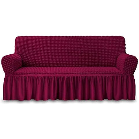 NICEEC Sofa Slipcover Red Sofa Cover 1 Piece Easy Fitted Sofa Couch Cover Universal High Stretch Durable Furniture Protector with Skirt Country Style (3 Seater Wine Red), Large Cover