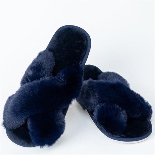 Image of Enteer Women's Slipper Memory Foam Cross Band Fuzzy Slippers Open Toe Cozy House Slippers Cozy Plush Bedroom Indoor Outdoor