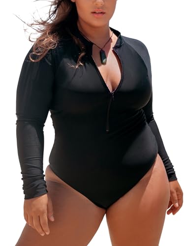 Ocean Blues Women's Long Sleeve Rash Guard Printed Surfing Swimsuit Zipper One Piece Bathing Suit