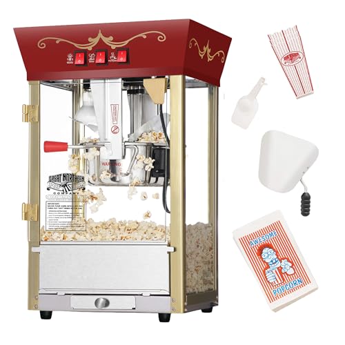 Matinee Popcorn Machine - 8oz Popper with Stainless-Steel Kettle, Reject Kernel Tray, Warming Light, and Accessories by Great Northern Popcorn (Red)