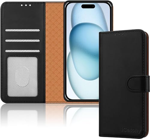 iCatchy for iPhone 15 Case 6.1 Inch PU Leather Wallet Flip Case with Card Slots RFID Blocking Magnetic Closure Stand Full Body Protective Folio Cover (Black)