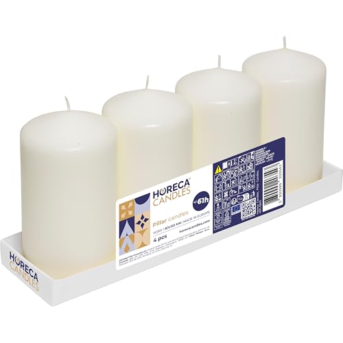 Horeca Candles - Pillar Candles - Ivory - Set of 4 Decorative Candles - Ø 8 x 15 cm (3.15 x 5.90 inches) - 60 Hours Long Burning - Unscented - Dripless - Smokeless - RAL Quality