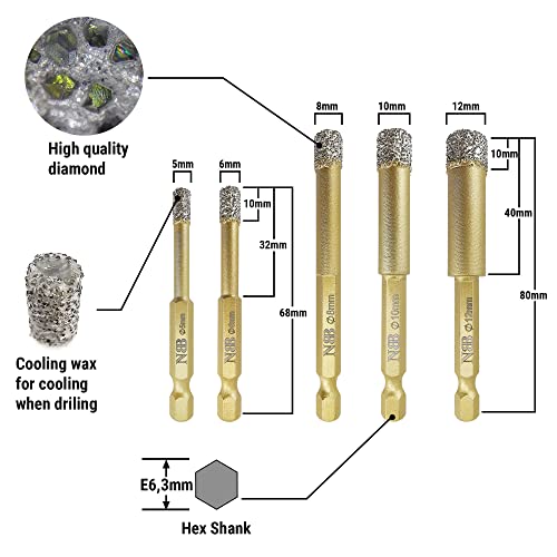 NBB Brazed Diamond Drill Bits with Hex Shank E6.3mm, Fast Connect, for Dry or Wet Drilling on Porcelain,Ceramic,Tile,Granite,Marble, for Corded or Cordless Pistol Drill or Bench Drill (5/6/8/10/12mm) - Image 2