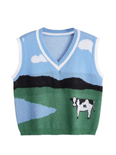SHENHE Women's Plus Size V Neck Cute Cow Print Graphic Sweater Vest Preppy Knit Top Tank