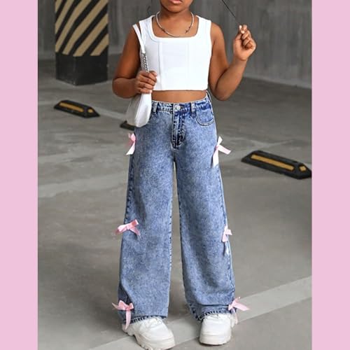 Bow Jeans for Girls 10-12, 6-14 Jeans with Bows for Teen Girls, Wide-Leg High-Waist Elastic Waist2