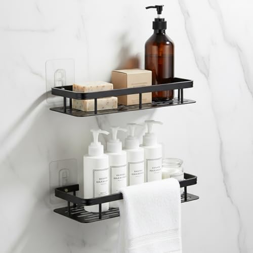 Image of Amazon Basics Self-Adhesive Aluminium Bathroom Wall Shelf | Water-Resistant | Pack of 2 | Tool-Free Installation | Black | 30D x 13W x 5.5H cm