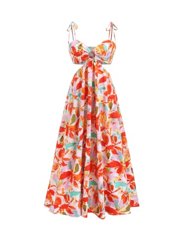 SOLY HUX Women's Floral Print Cut Out Dress Tie Shoulder Sleeveless Boho Vacation Long Flowy Dresses