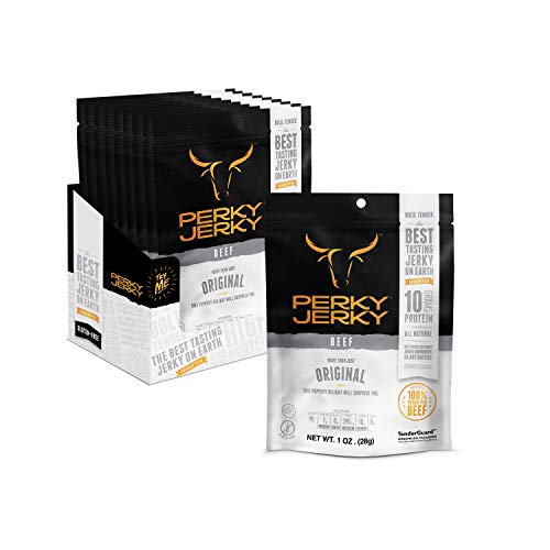 Perky Jerky Original 100% Grass Fed Beef Jerky, 1 oz (Pack of 12) - Antibiotic Free - 10g Protein Per Serving - Low Fat - Tender Texture and Bold Flavor