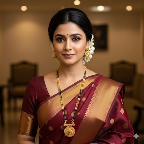 Image of Traditional Maharashtrian Long Mangalsutra with Pendant & Earrings | Antique Gold Plated Black Bead Chain | Micropolish Jewelry for Women & Girls Style