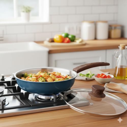 Image of The Better Home 2.5mm Triply Coated Fry Pan(1.5L-22cm) with Glass Lid | Aluminium Fry Pan for Cooking | Frying Pan (Blue)