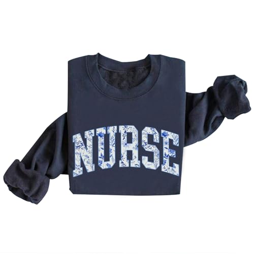 colanperd Floral Nurse Sweatshirt Funny Nurse Life Crewneck Sweatshirt Gift Navy Blue