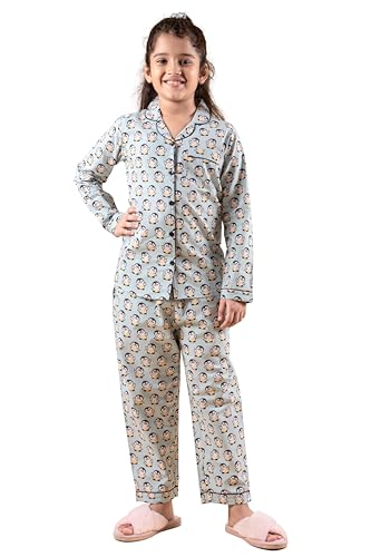 Image of Tweeny Mini Kids Girls Pure Rayon Night Suit | Sleepwear| Night Wear | Nightdress | Top Shirt & Pyjama Combo Set Floral Printed with Pockets Full Sleeves