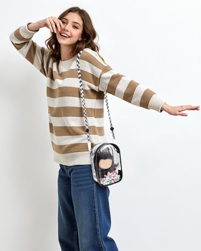 Image of Clear Figure Display Bag with Keychain for Doll, Protective Case for Plush Doll, Clear Hanging Display Cases, Crossbody Doll Storage Bag, PVC Storage Case Cover for Figures Dolls (Black, Middle)