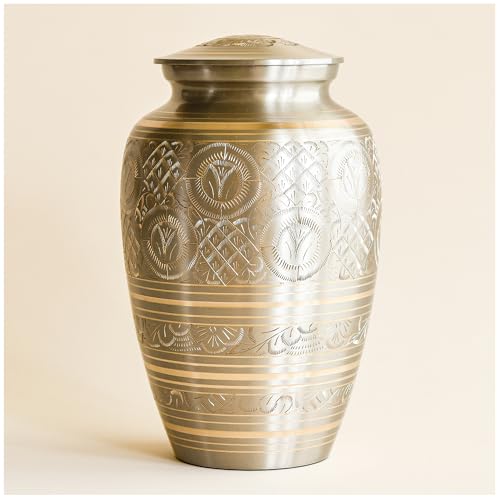Image of AspenStudio Platinum Brass Cremation Urn for Adult Human Ashes - Large Handcrafted Funeral Memorial Urns Brass Urn Capacity 225 lbs