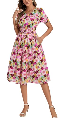 Image of Kormei Women Summer Casual Boho Floral Round Neck Short Sleeve Smocked Waist Tiered Flowy Swing Midi Dress