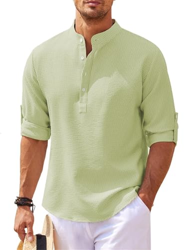 Mokaloha Mens Long Sleeve Shirts Waffle, Men's Stylish Casual Everyday Waffle Lapel Shirt Button Classic Comfortable