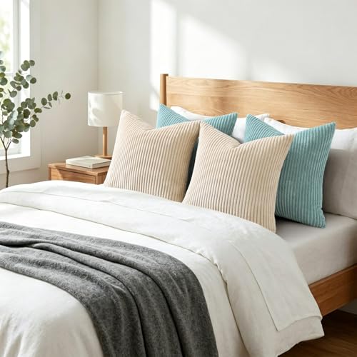 Image of Mecatny Corduroy Decorative Throw Pillow Covers 18x18 Set of 2 for Sofa Living Room, Soft Neutral Boho Couch Pillow Covers for Home Decor, Aqua