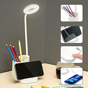 Lampe de Bureau LED, Lampe de Bureau Sans Fil Dimmable 3 Modes de Couleur, Rechargeable avec Porte-Stylo/Support Phone/Port de Charge USB, Autonomie 8 heures, Tactile Pliable, Protection des Yeux