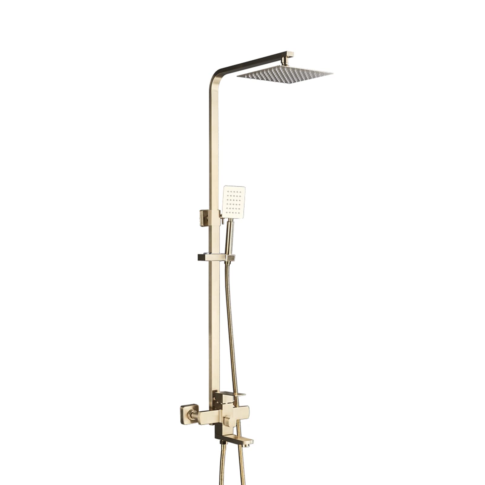 Set Doccia dal Design Moderno, Set Rubinetto Doccia, soffione Doccia a Pioggia in Oro Spazzolato a Parete con soffione Quadrato da 20 cm e doccetta, Colonna Doccia a Vista