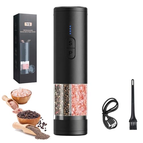Agilive Electric Salt and Pepper Grinder Set, 2-in-1 Electric Salt and Pepper Grinder Set, USB-Rechargeable, Refillable Automatic Salt and Pepper Mill Shaker with LED Light, Kitchen Gift, Black