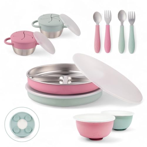 Image of Elk and Friends Kids Stainless Steel Mealtime Bundle | Plates, Bowls, Snack Cups + Toddler Utensils | Silicone Suction Sleeves + Travel Storage Lids | For Meals + Snacks | Dishwasher Safe