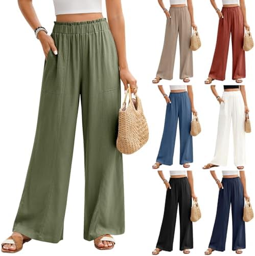Linen Pants Women Wide Leg Lounge High Wasited Palazzo Pants Trendy Summer Boho Beach Baggy Trousers with Pockets