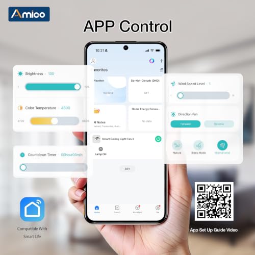 Image of Amico 52 Inch Smart Ceiling Fans with Lights, Downrod Mount, Black | Compatible with Alexa /Remote /App, Sloped, 6 Speeds, Dimmable 3CCT, Quiet Reversible DC Motor, Timer, Bedroom, Living room