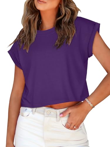 Image of Womens Crop Tops Summer Roll Cap Sleeve Cropped Tshirt Loose Fit Basic Tees
