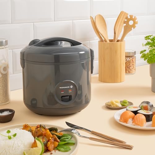 Bild 5 - REISHUNGER Reiskocher & Dampfgarer mit Keramikbeschichtung - 1,2L, Grau - Für 1-6 Personen - Schnelle Zubereitung ohne Anbrennen - Mit Warmhaltefunktion inkl. Dämpfeinsatz, Löffel & Messbecher