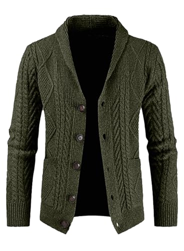 JMIERR Cardigan Sweaters for Men Fall Fashion 2025 Casual Long Sleeve Shawl Collar Button-Down Wool Blend Cable Knit Essentials Fisherman Christmas Sweater with Pockets,L,Green