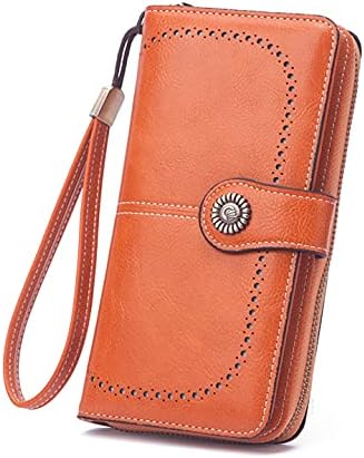 Mokoze Orange Wallet for Women, PU Leather Bifold Wallets with Wrist Strap and Zipper, Large Capacity Wallet for Hold Bank Credit Cards/Money/Cell Phones/Keys, Girlfriends Mother's Day Gifts
