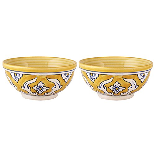 Image of KITTENS Handpainted Ceramic Snack Bowl Set of 2 - Yellow 400ml | Large Multipurpose Bowl for Salad, Pasta, Snacks | Microwave & Dishwasher Safe | Food Grade | Made in India