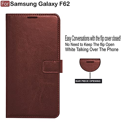Image of CEDO Flip Cover for Samsung Galaxy F62 (4G) | Leather Finish | Inside Pockets & Inbuilt Stand | Shockproof Wallet Style Magnetic Closure Back Case Flipcover (Brown)