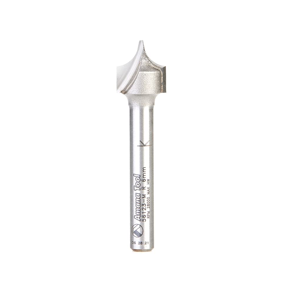 Amana Tool 56123-M Carbide Tipped Point Cutting Roundover 6mm R x 12mm D x 13mm CH x 6mm SHK x 51mm Long Router Bit for Beadboards