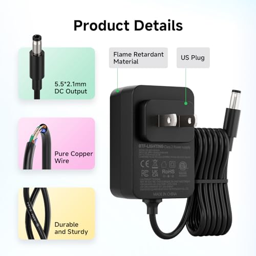BTF-LIGHTING 5V 3A 15W Power Supply Adapter ETL Listed 100-240V AC to 5V DC Converter Class 2 Power Supply, 5.5x2.1mm Jack for for Low Voltage LED Strip Lights, CCTV, Router, Electronics