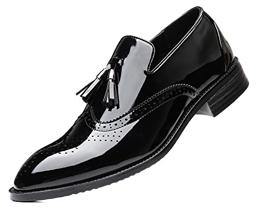 Santimon Men's Wingtip Tassel Slip On Loafers Brogue Patent Leather Lined Dress Casual Breathable Formal Shoes