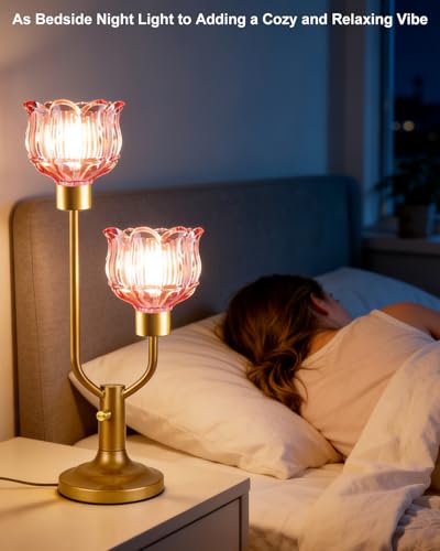 Image of Lightdot Mid Century Modern Table Lamp Vintage Flower Lamp Gift Dimmable | Pink Glass Nightstand Lamp Gold Desk Lamp 2 Bulbs Included Warmwhite Ambient Bedside Lamps for Bedroom Living Room Home Decor