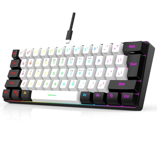 60% mini klawiatura RGB, 61 klawiszy, podświetlenie LED, ergonomiczna, mechaniczna, przewodowa, do gier, biura, biznesu, biała