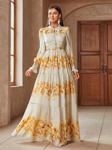 Image of TOLEEN Summer Casual Dresses for Women 2024 Spring Fashion Boho V Neck Long Sleeve Ruffle Floral Print Elegant Maxi Dress