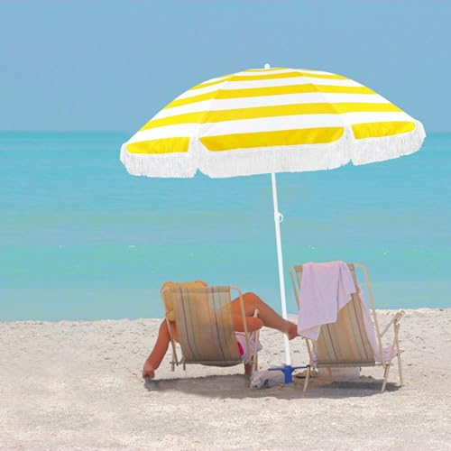 Boho Outdoor Beach Umbrellas with Fringe 6ft Yellow Patio Umbrella UV50+ Sun Protection Portable Holiday Umbrellas for Travel Table Umbrellas Waterproof Tilt Pool Backyard Umbrella - Image 3
