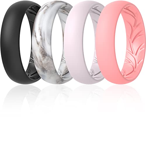 ThunderFit Women Silicone Wedding Bands, Breathable Leaf Cross Pattern Engagement Rings 5.5mm Wide 1.6mm Thick - 1/4 Variety Multipack (Black, Marble, Light Pink, Light Red, Size 7.5-8 (18.2mm))
