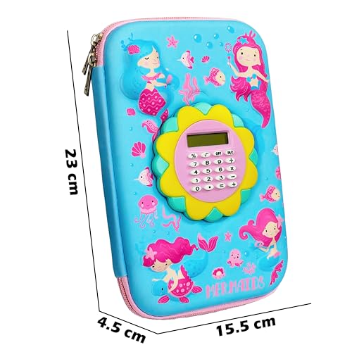 Image of VGRASSP Mermaid Theme Stationery Pencil Case for Kids with Mini Calculator - 3D EVA Zipper Pouch with Multi Storage Compartments - Fun School Stationery Organizer - Multicolor