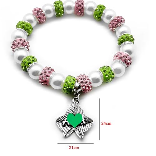 Pink Green Sorority Society Jewelry Ivy Leaves Letter Metal Pendant Pearl Elastic Bracelet3