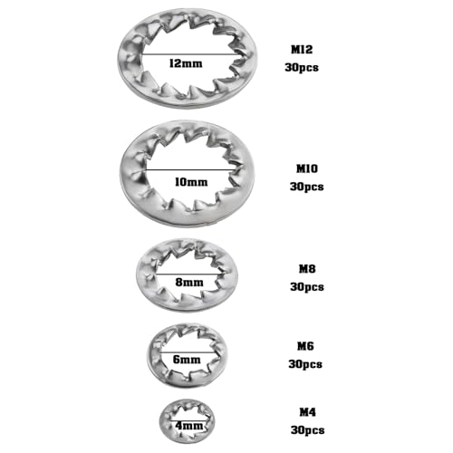 VGOL 150 Stück Innenverzahnte Unterlegscheiben aus 304 Edelstahl, Bolzensockel DIN6798J für Möbelreparatur, Außenbereich, Bau, elektrische Wartung (M4/M6/M8/M10/M12)