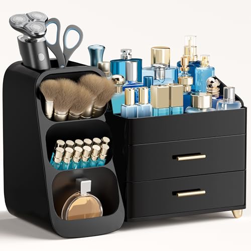 Image of HBlife Cologne Organizer for Men Makeup Organizer with Brush Holder for Vanity, Large Plastic Bathroom Countertop Organizer Skin Care Storage, Fathers Day Gift for Dad Husband, All Black