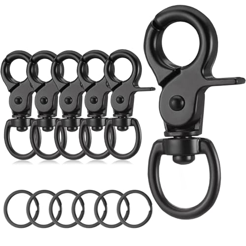 6 Stück Karabinerhaken mit Drehgelenk, Robust Zinklegierung Karabiner Hundeleine, Wirbelkarabiner mit Schlüsselanhänger, Schlüsselanhänger Karabiner, Schwarz Bolzenkarabiner für Hundeleine Schlüssel