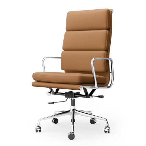Image of Genuine Leather Office Chair, Padded Executive Desk Chair with Arms, Wheels, Lumbar Support, Aluminum Base (Light Brown, High-Back)